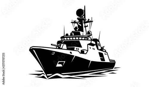 Foto Futuristic black naval combat ship front silhouette with radar vector illustrati