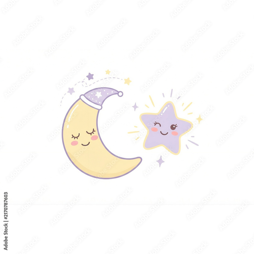 Fototapeta premium Cute Smiling Crescent Moon and Winking Star, Sweet Dreams Doodle Illustration