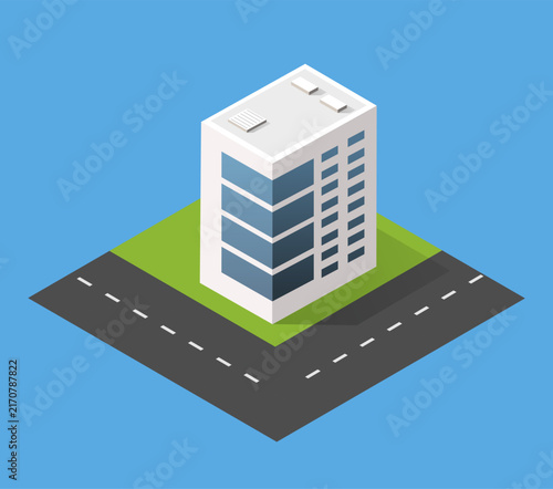 Isometric building standing next to a city street intersection. Urban architecture illustration representing development and business