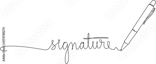Foto continuous line drawing of handwritten word signature and ballpoint pen, line ar