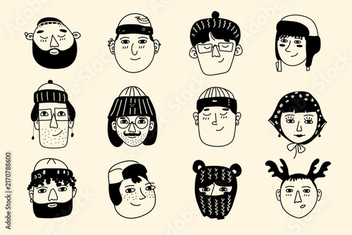 Vector Monochrome Winter Avatars Clipart Set Featuring Balaclava, Glasses, and Deer Antlers. Cream Background Line Art Portraits Bundle for Minimalist Branding and Gift Tags