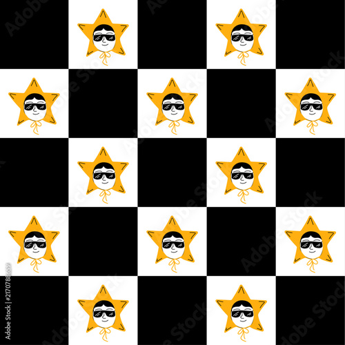 Vector Geometric Checkerboard Pattern with Men in Yellow Star Hats and Sunglasses. Black and White Grid Background for Quirky Gift Wrapping Paper and Packaging Design