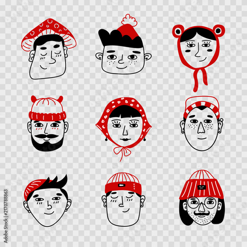 Vector Red Accent Winter Character Set with Mushroom Cap and Kerchief. Doodle Line Art People Clip Art for Holiday Stickers, Greeting Cards, and Social Media Badges