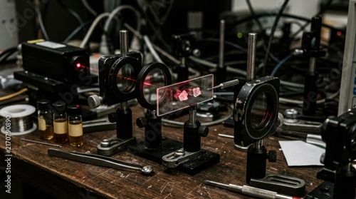 Chiral crystal samples, polarized beams, polarizing films, and optical lab tools on a dark bench