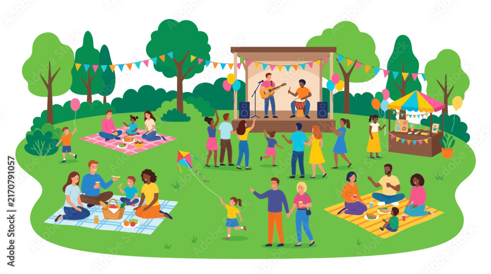 Fototapeta premium Vibrant outdoor festival with families enjoying music, picnics, and games in a park.