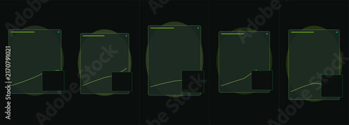 Minimalist digital interface frames with green line graphs on dark background