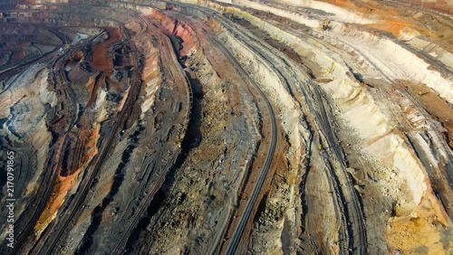 Iron ore quarry, iron ore mining, aerial view from drone