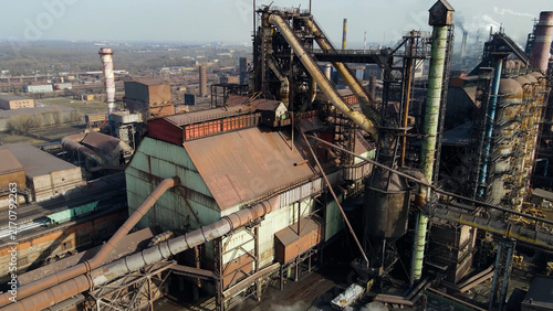 Cuadro en lienzo Factory, industrial enterprise, metallurgical plant, smoke from chimneys, aerial photography from a drone