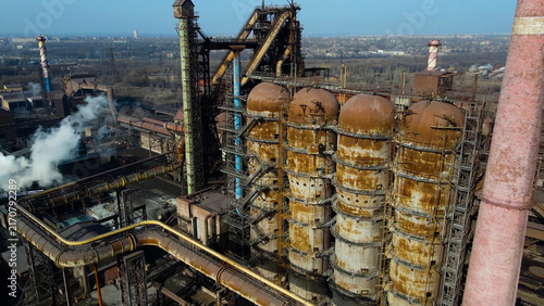 Fotografie Factory, industrial enterprise, metallurgical plant, smoke from chimneys, aerial photography from a drone