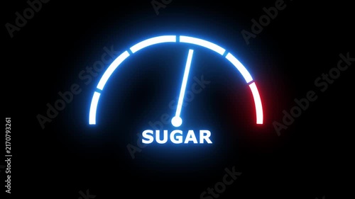 Sugar at high levels, displayed on a barometer or tachometer, illustrating excess sugar intake, potential impact on health. 4k motion video.