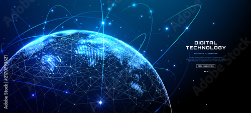 Digital world map with glowing orbital networks surrounding Earth. Global connectivity visualization with dotted lines and blue tech atmosphere for modern communication.