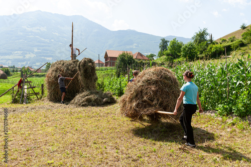 Plav, Montenegro - 28 July 2005: View of people working in a field to gather hay near Lake Plav, with mountains in the background.
