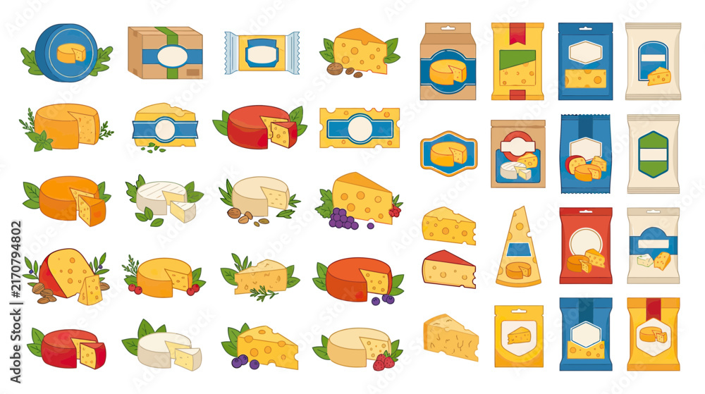 Fototapeta premium Variety of Cheese Products and Packaging Isolated