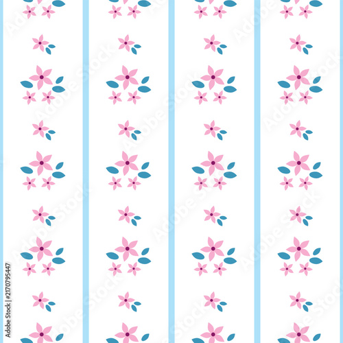 Seamless pattern with pink flowers and blue lines on a white background