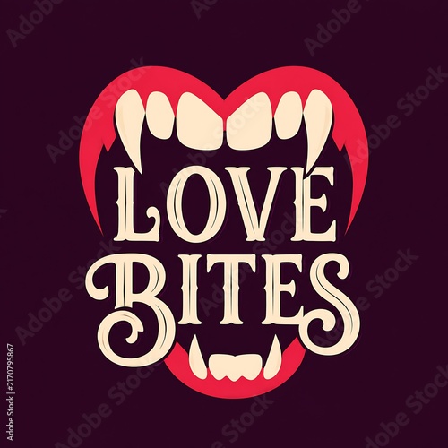 Vintage style Love Bites text typography inside open vampire mouth fangs isolated on dark background.