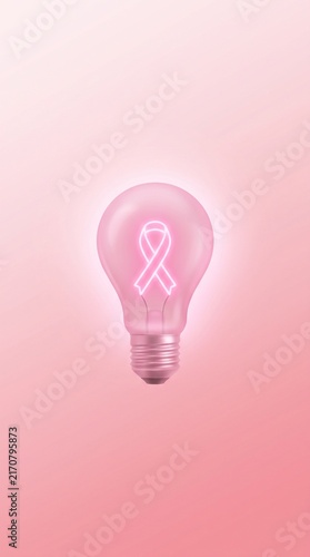 Breast cancer awareness conceptual glowing pink light bulb with ribbon symbol inside on pink gradient background for medical health campaign event