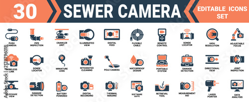 Foto Set of 30 sewer camera icons for pipe inspection and industrial plumbing maintenance and damage repair Minimal solid fill icon set bundle collection