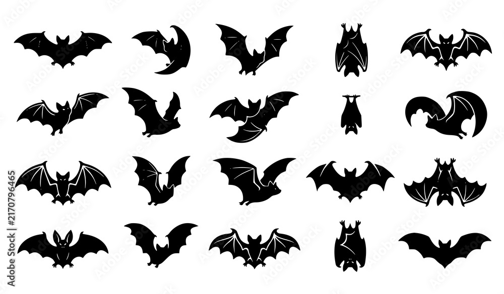 Fototapeta premium Black Halloween Bat Silhouettes Flying Vampire Cartoon Vector Collection