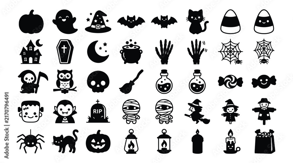 Naklejka premium Halloween cute and spooky black silhouette icons set featuring monsters candy and magical items halloween silhouette cauldron frankestein