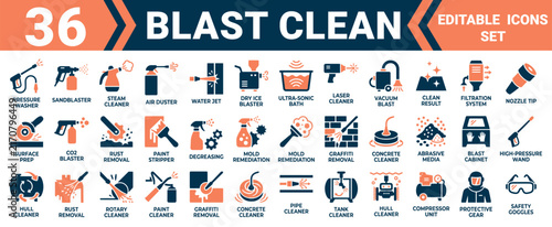 Set of 36 industrial blast cleaning icons for surface preparation and heavy duty maintenance equipment Minimal solid fill icon set bundle collection. Editable Vector Illustration Mega pack