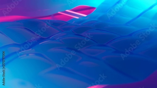 Abstract digital surface with a glowing wavy grid undulates smoothly under blue and pink lighting. Animated scene combines grid pattern and curved shapes with glowing light.