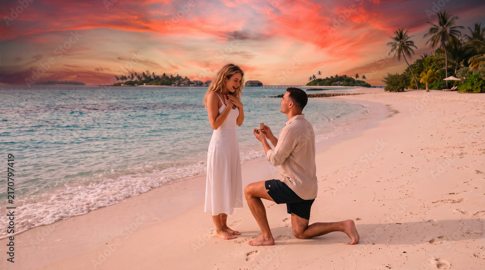 Fototapeta premium Romantic marriage proposal on a pristine Maldives beach: a young man kneeling on the white sand to propose to his surprised girlfriend with a ring.