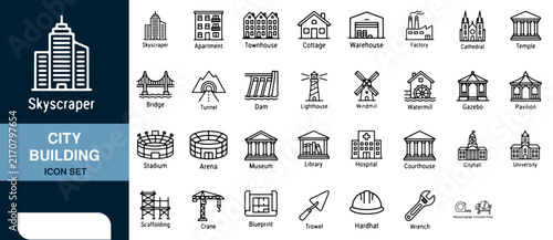 City Building Icon Set with Various Architectural Structures and Industrial