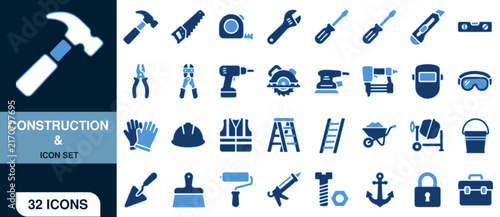 Construction and Icon Set with 32 Tools and Equipment Illustrations