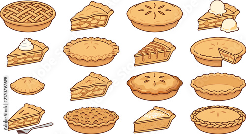 Pie Icon Set with Lattice Crust, Sliced, Whole, Mini, Apple, Whipped Cream, and Ice Cream for Bakery, Thanksgiving, and Dessert Menu Designs