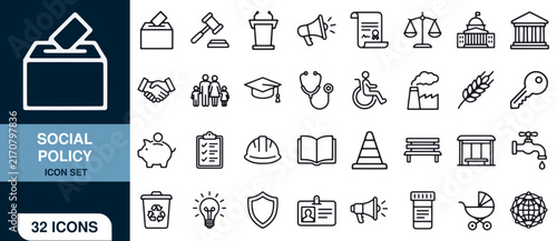 Social Policy Icon Set with 32 Minimalist Outline Icons Featuring Governance