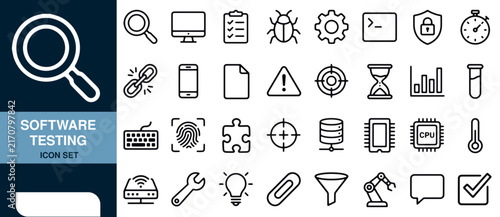 Software Testing Icon Set with Magnifying Glass, Monitor, and Gear Symbols