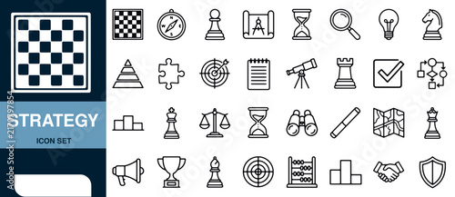 Strategy Icon Set with Chess Board, Compass, and Various Symbols