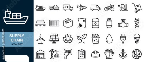 Supply Chain Icon Set with Shipping, Logistics, and Transportation Elements