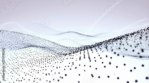 Black particles flow and undulate forming wave-like structures on a light gradient background. Animated scene combines particles waves lines with soft blur.