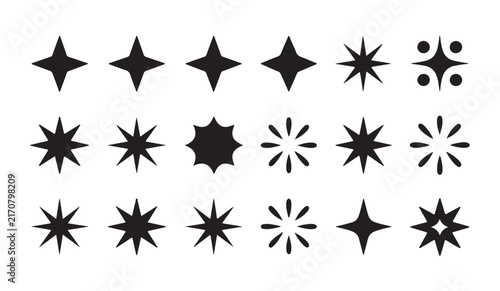 Black starburst and geometric sparkle shapes vector set for festive designs and graphic decorative elements.