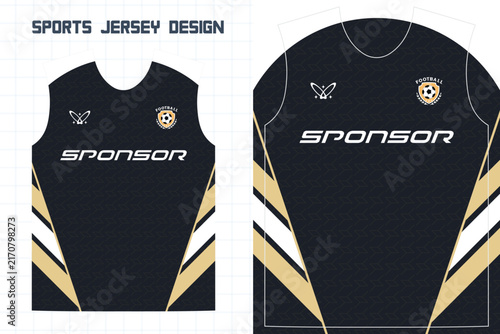 Black soccer jersey template with gold and white geometric side accents