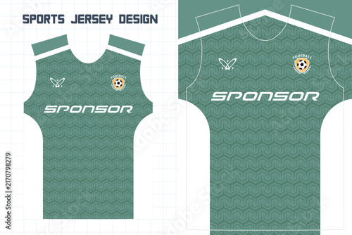 Green soccer jersey template with geometric pattern and sponsor space