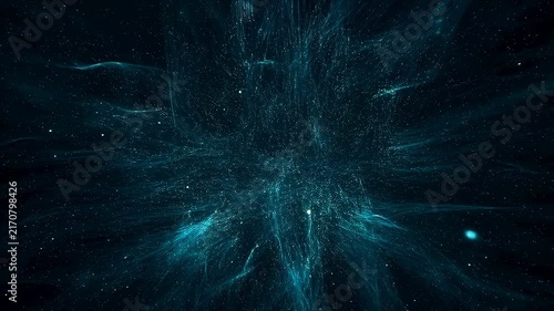 Glowing cyan wireframe cube forms and pulses as particles flow inward and outward on a dark blue background. Energy animation combines glowing light with expanding particle motion.