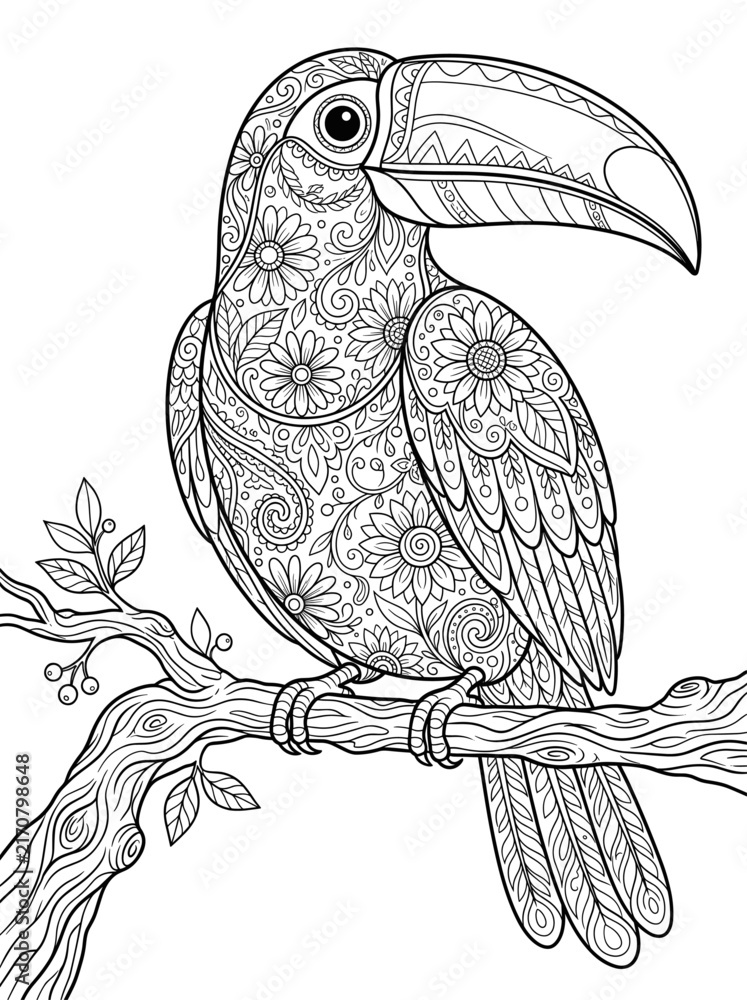 Naklejka premium Toucan perched on a branch adult coloring page with floral pattern line art vector illustration