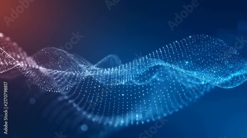 Flowing wave of glowing digital particles undulates across a dark blue background. Flowing visual background for technology presentations and digital media.
