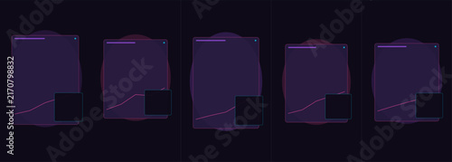 Five dark purple digital interface cards with glowing data trend lines