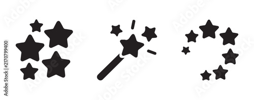 Foto Magic wand and clustered star icons in black silhouette for wizardry fantasy and creative design concepts