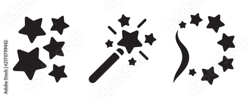 Obraz na plátne Magic wand and flying stars silhouette icons set for creative design wizardry sparkles and fantasy themes
