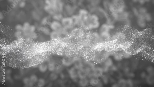 White particles flow and shift horizontally forming a glowing wave over a blurred gray background. Animated scene combines particles and wave with glowing light.