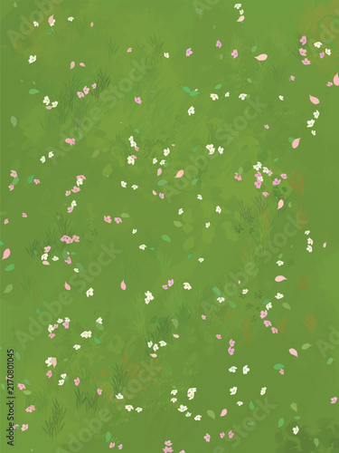 Pink petals scattered green grass vector illustration depicting serene spring cherry blossom lawn top view