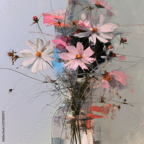 an abstract acrylic painting of garden cosmos flowers. Gestural marks, muted palette of colours. Loose paint strokes . 