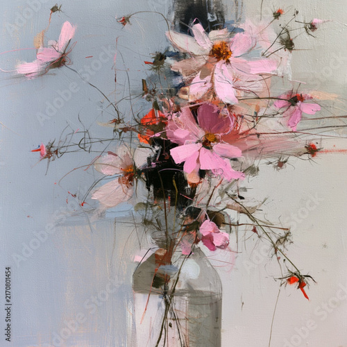 an abstract acrylic painting of garden cosmos flowers. Gestural marks, muted palette of colours. Loose paint strokes . 