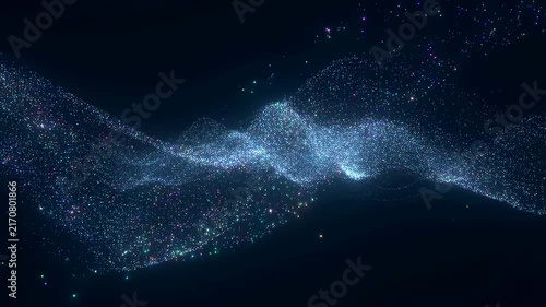 Blue and purple glowing particles flow in wave formations across a dark digital space background. Smooth animated scene for visual effects and digital art projects.