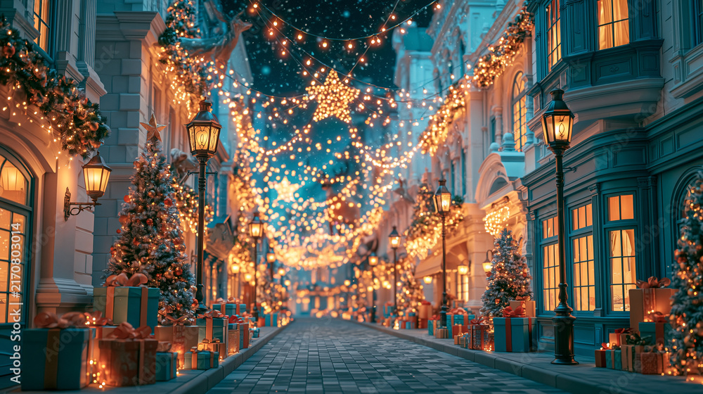 Obraz premium A charming European cobblestone street decorated for Christmas with glowing fairy lights festive garlands shop windows and neatly wrapped presents creating a magical holiday atmosphere.