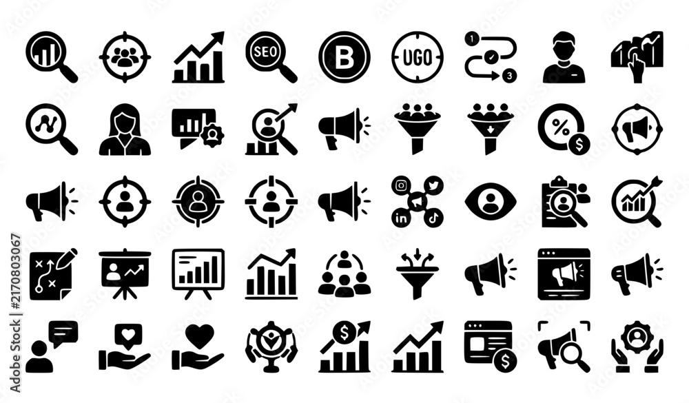 Fototapeta premium Marketing Management and Brand Strategy Solid Glyph Icon Set with SEO Market Research Sales and Customer Journey